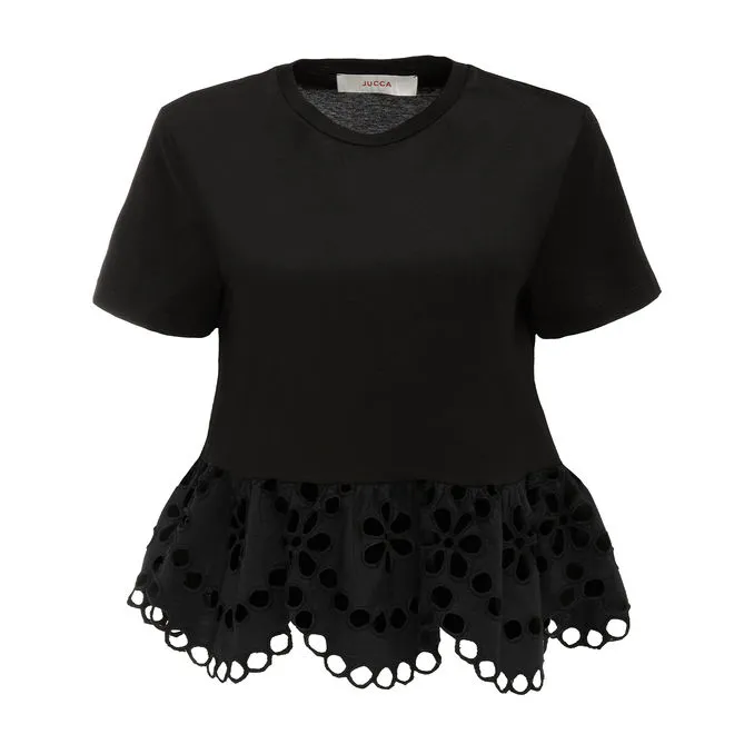 T-SHIRT WITH RUFFLES IN SANGALLO Woman Black 