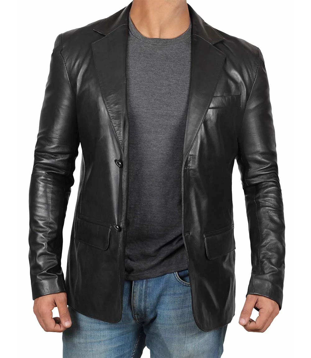 Tall Men's Black Real Leather Blazer Jacket