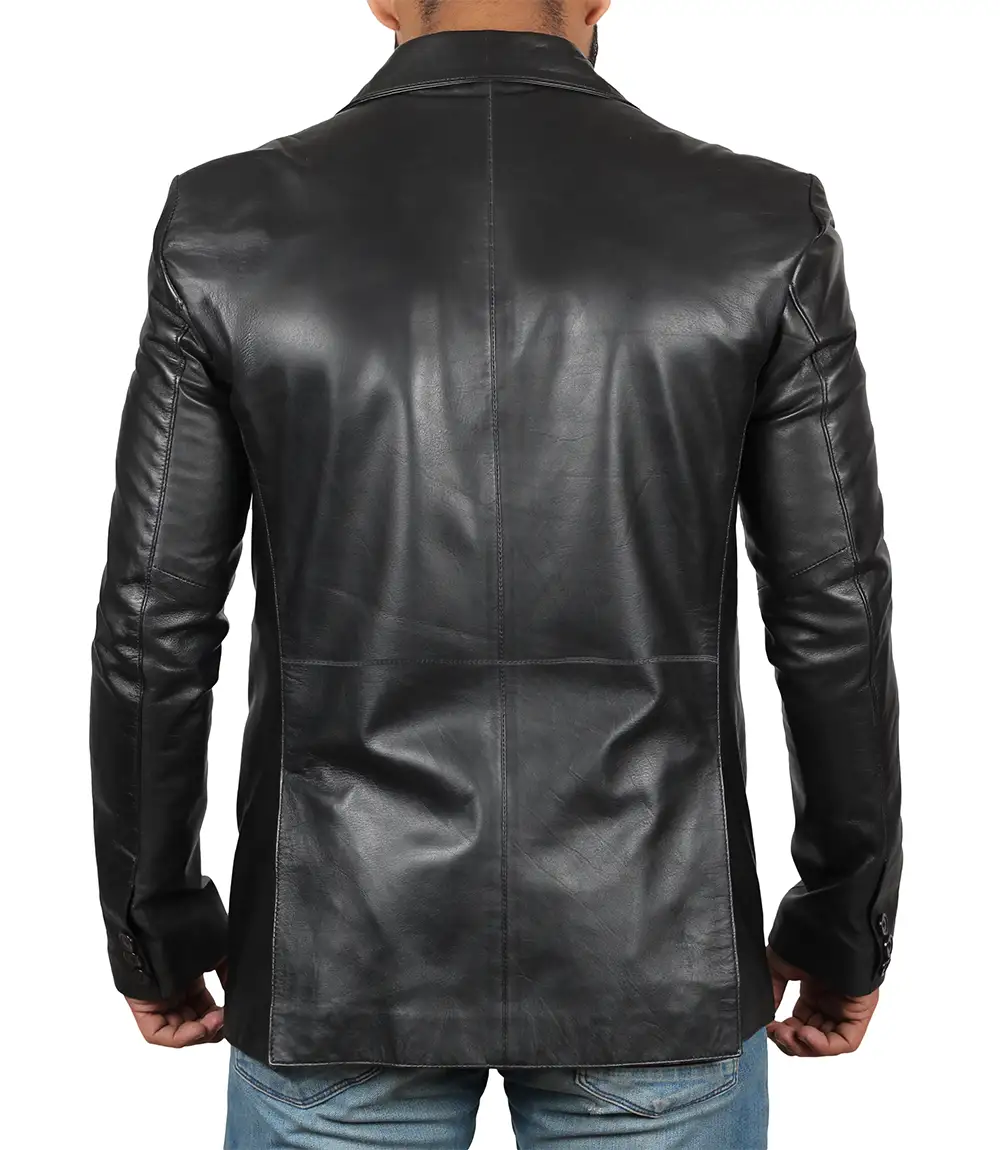 Tall Men's Black Real Leather Blazer Jacket