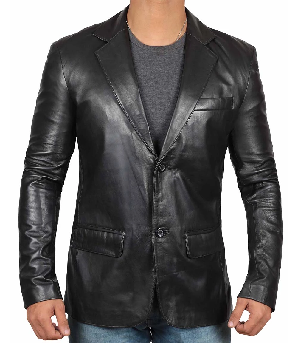 Tall Men's Black Real Leather Blazer Jacket