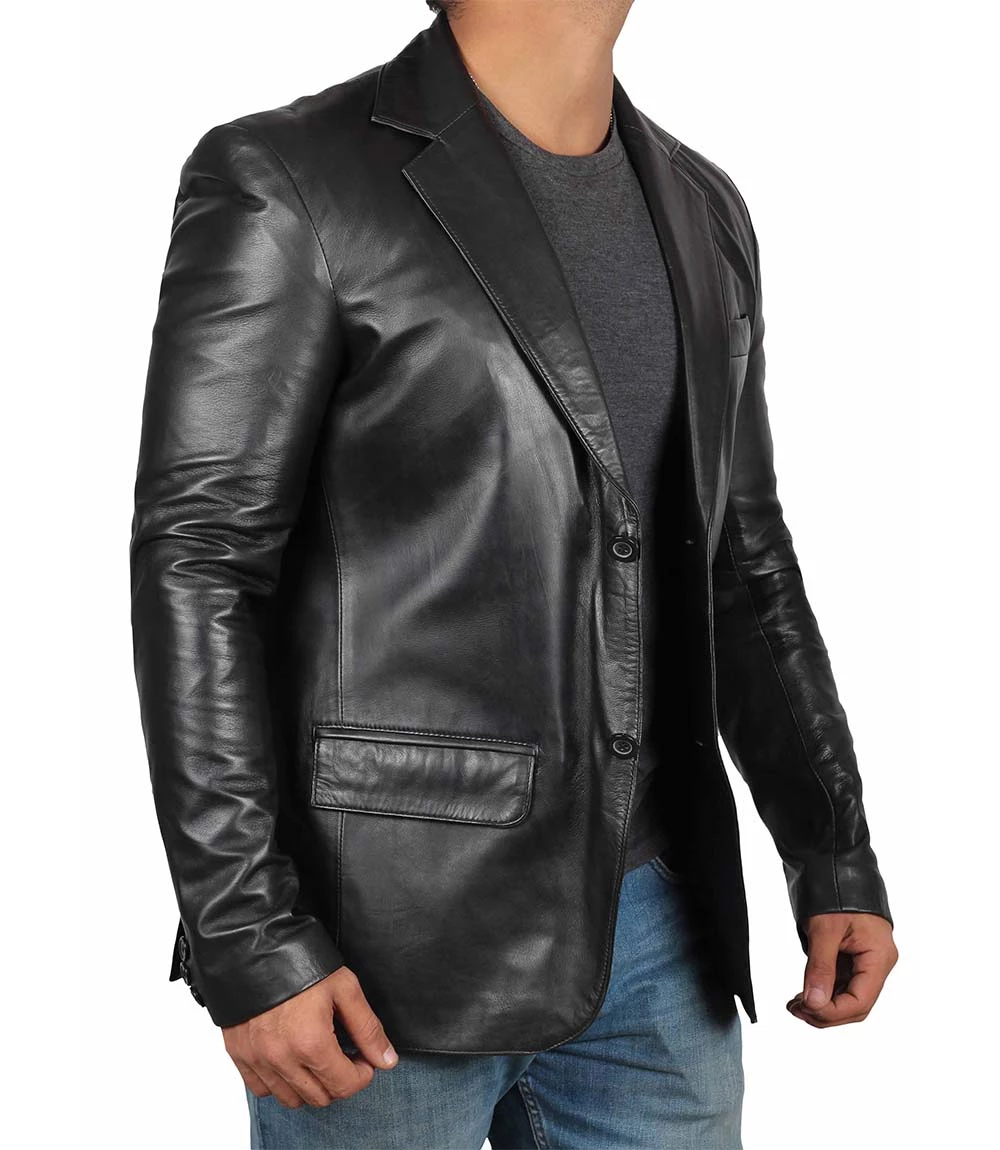 Tall Men's Black Real Leather Blazer Jacket