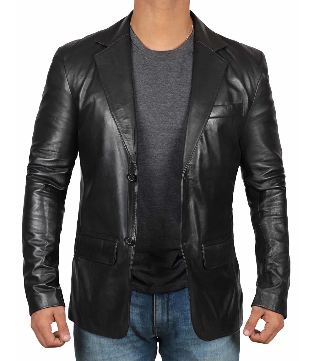 Tall Men's Black Real Leather Blazer Jacket