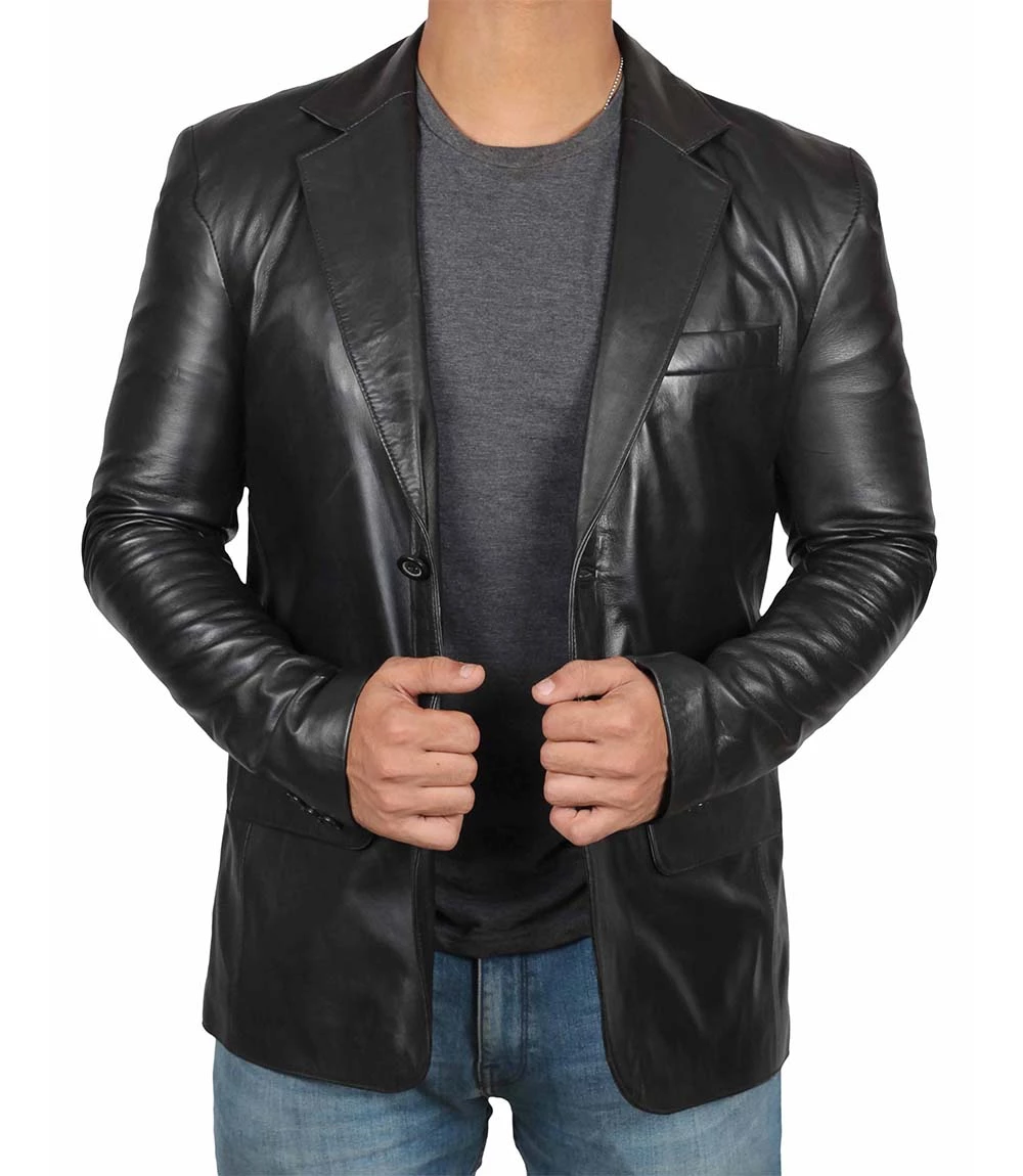 Tall Men's Black Real Leather Blazer Jacket