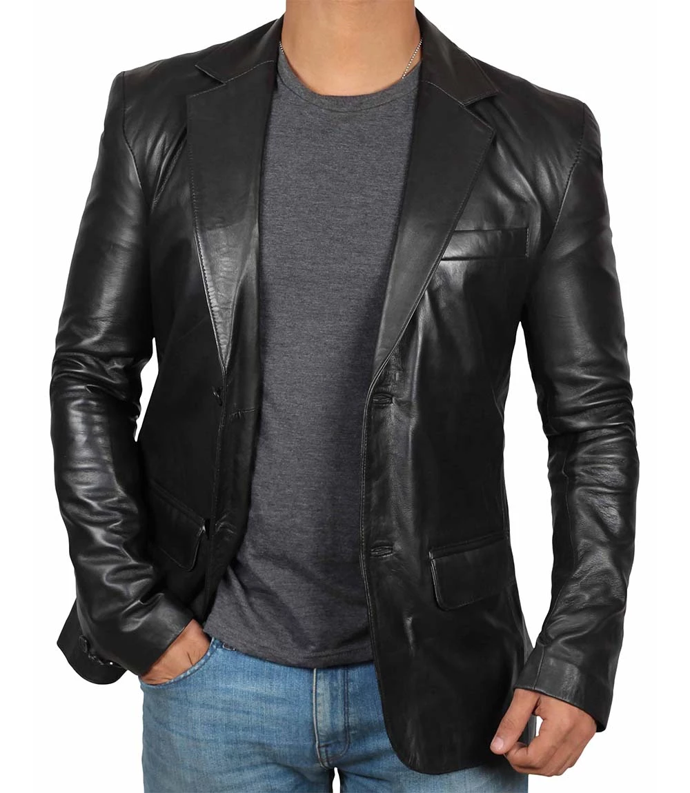 Tall Men's Black Real Leather Blazer Jacket