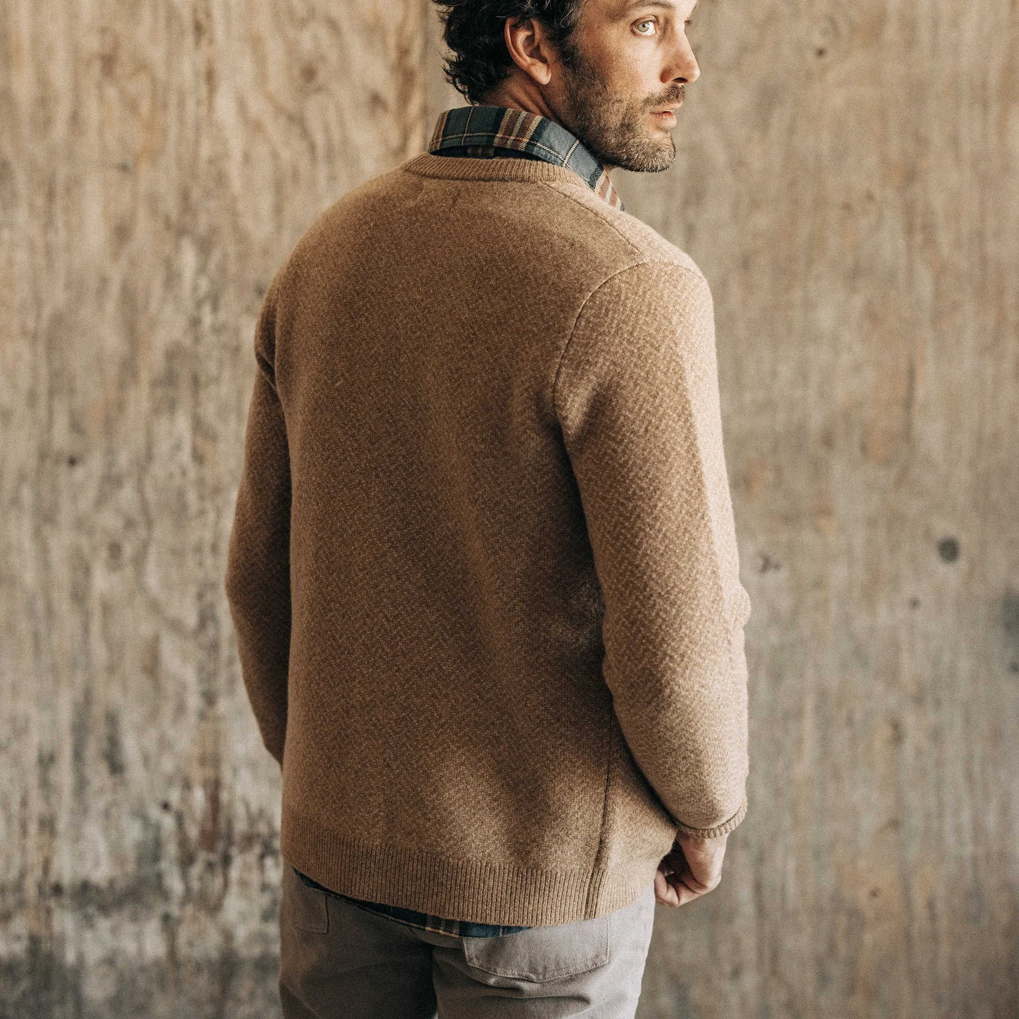 The Eddy Cardigan in Camel Herringbone Merino