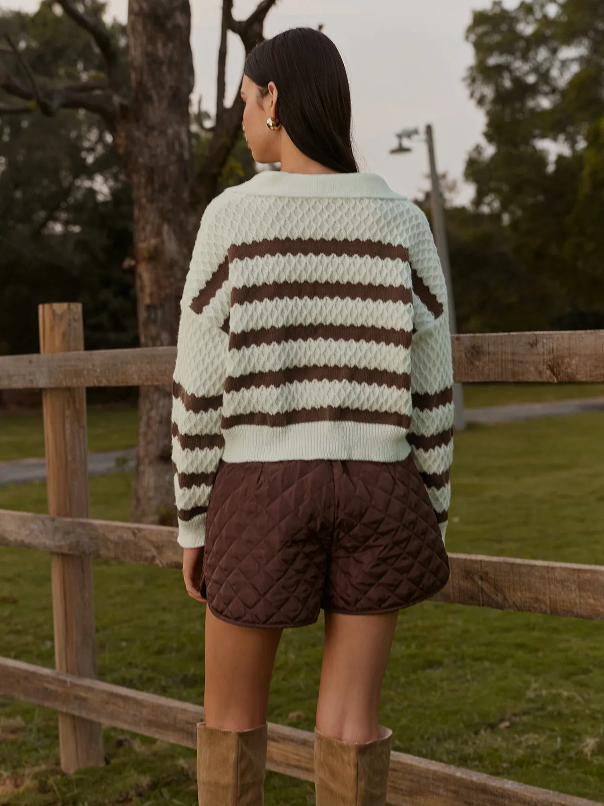 Two-Tone Striped Lapel Short Sweater