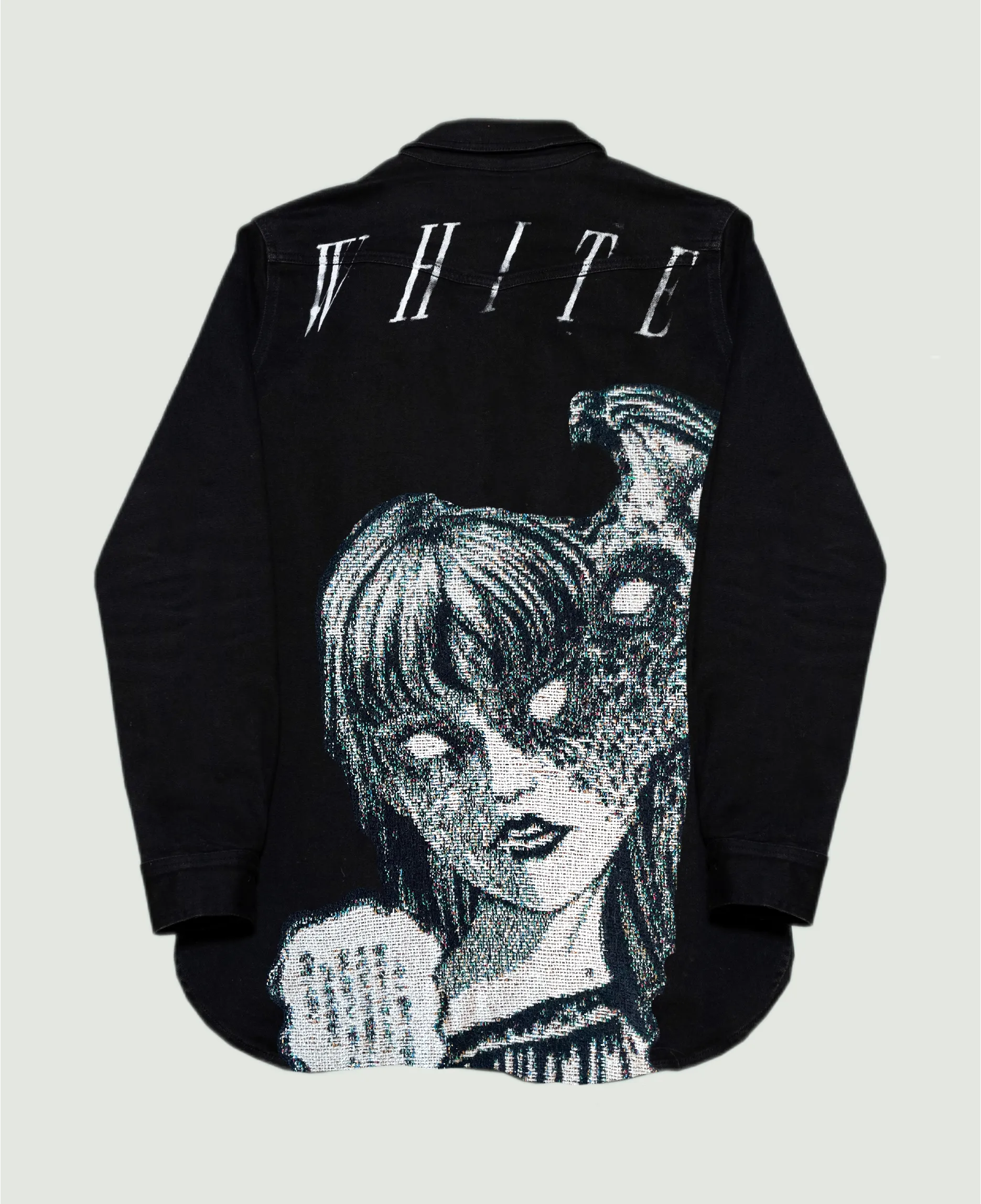 VA-AW22-512 TAPESTRY OFF WHITE LONGLINE BLACK DENIM JACKET