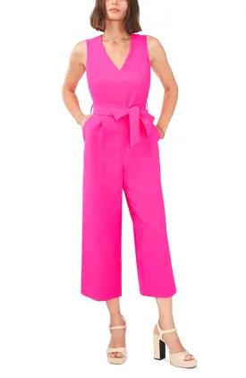 Vince Camuto Apparel S/L V-NK BELTED POLY BASE JUMPSUIT V596/HOT PINK