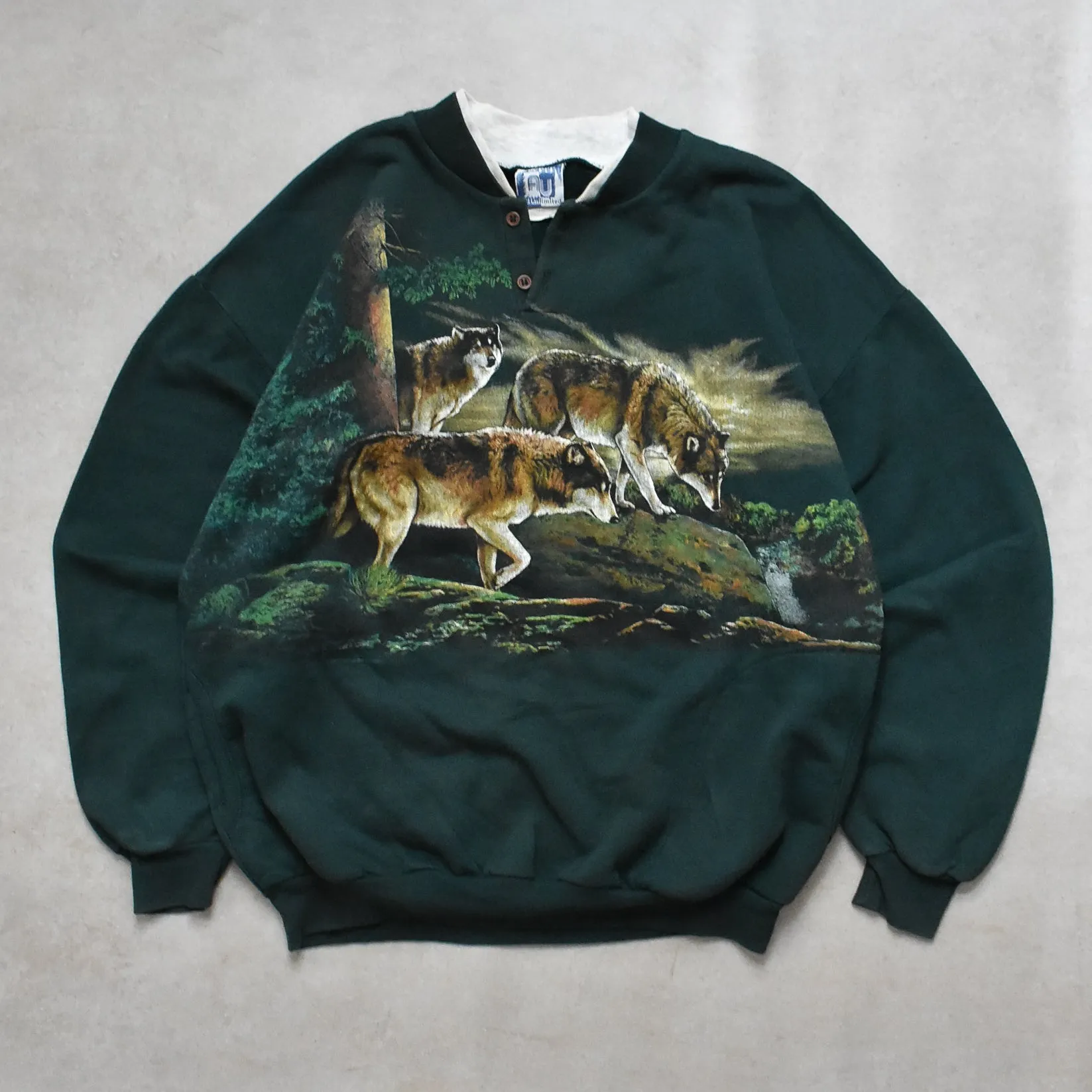 Vintage Art Unlimited Sportswear Green Wolf Graphic Sweater - XL