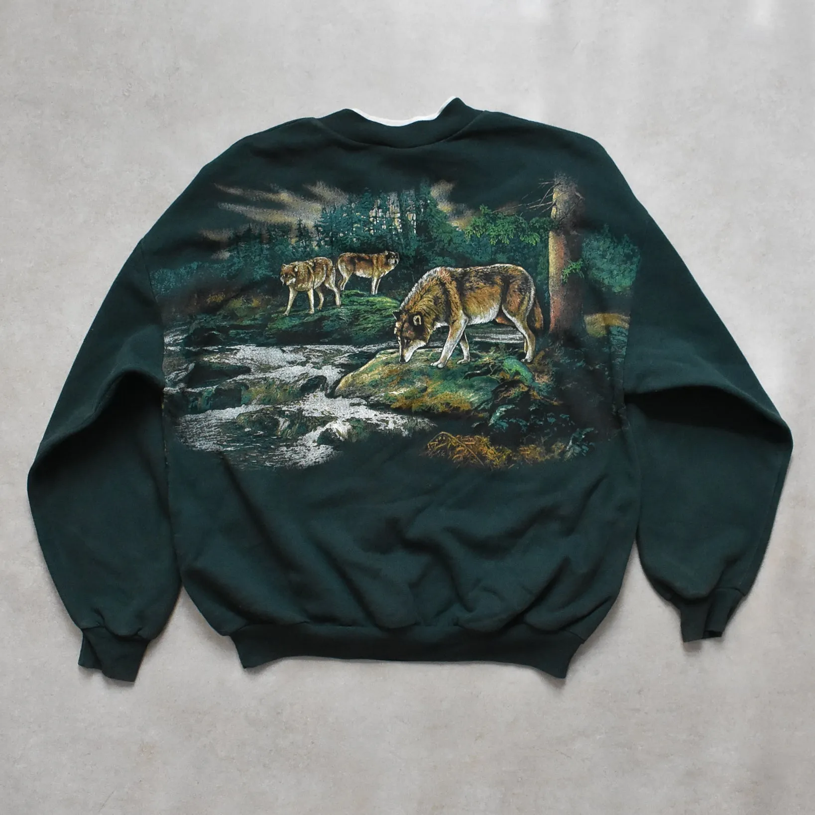 Vintage Art Unlimited Sportswear Green Wolf Graphic Sweater - XL