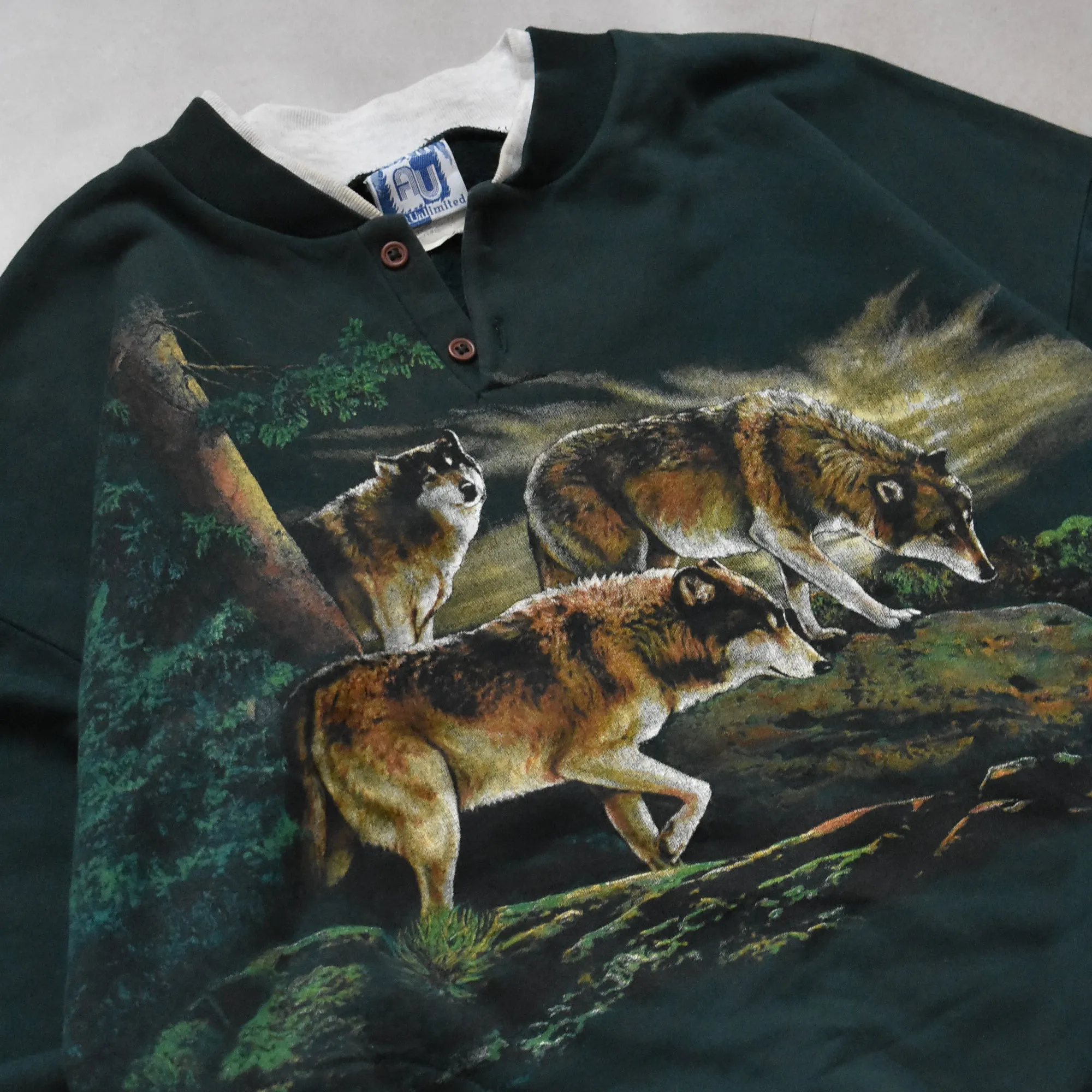 Vintage Art Unlimited Sportswear Green Wolf Graphic Sweater - XL