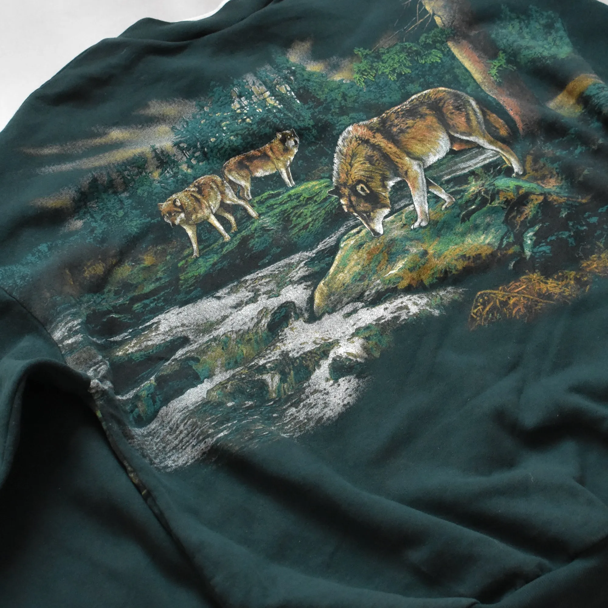 Vintage Art Unlimited Sportswear Green Wolf Graphic Sweater - XL