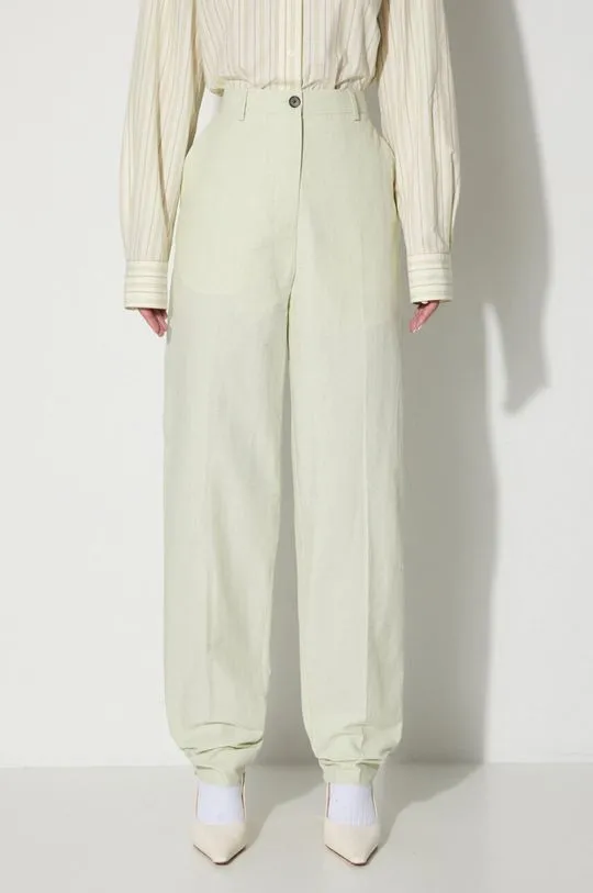 Wood Wood linen blend trousers Courtney Mini Stripe Trousers green color