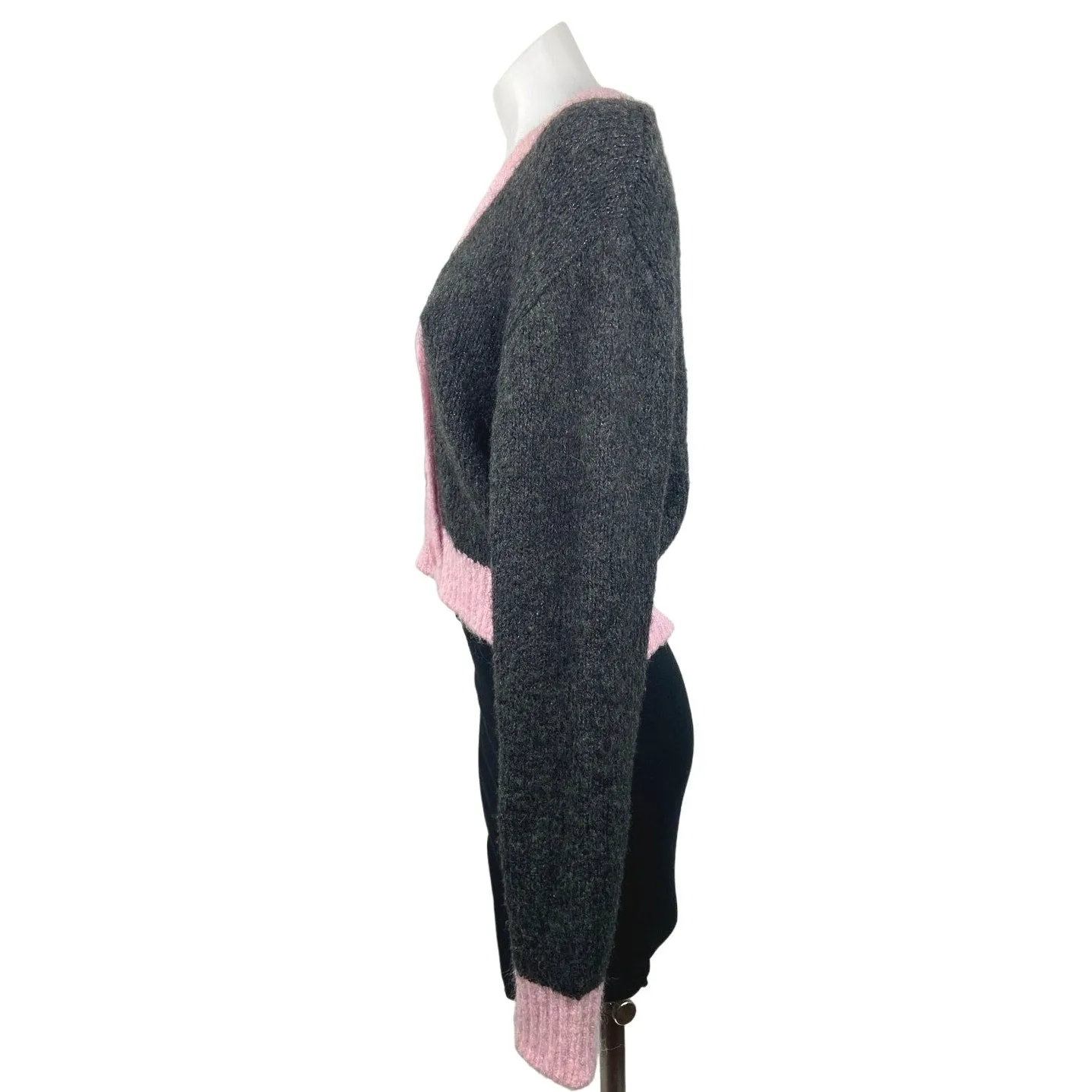 Zara Gray Pink Trim V-Neck Chunky Knit Long Sleeve Cropped Cardigan Sweater Sz S