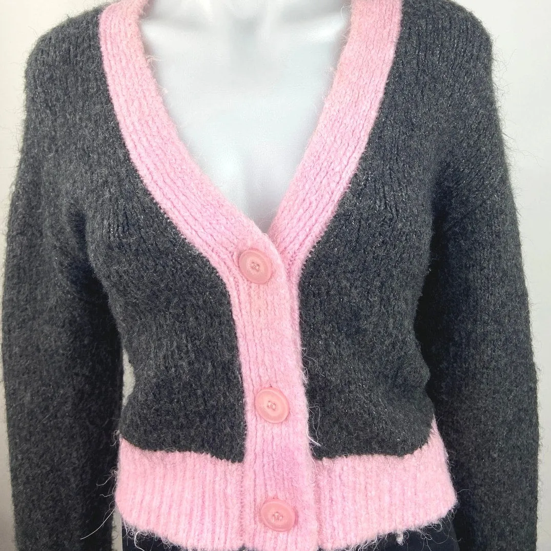 Zara Gray Pink Trim V-Neck Chunky Knit Long Sleeve Cropped Cardigan Sweater Sz S