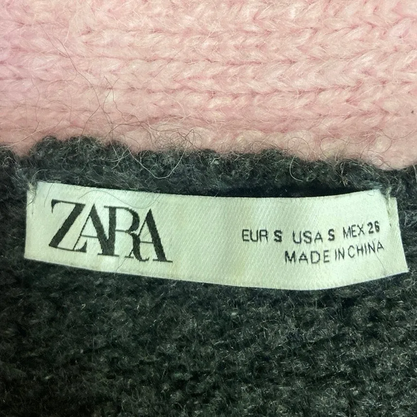 Zara Gray Pink Trim V-Neck Chunky Knit Long Sleeve Cropped Cardigan Sweater Sz S